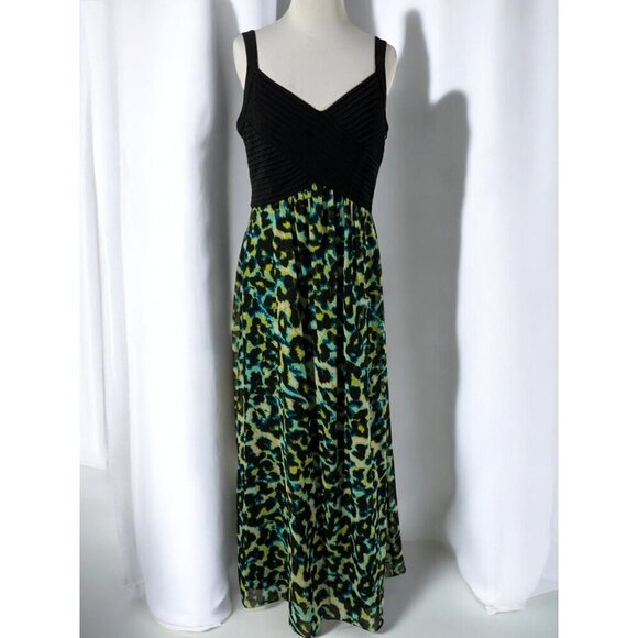 Signature By Robbie Bee Maxi Dress Black Ruched Multicolor Animal Print NEW 12 - Picture 2 of 9